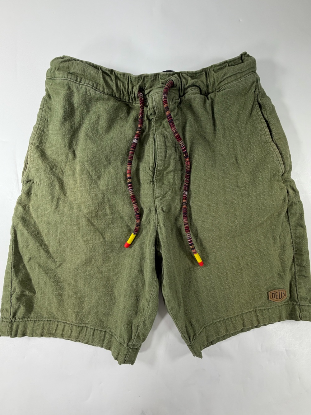 Deus Ex Machina Mens 30 Olive Green Textured Drawstring Boardshorts Surf Skate